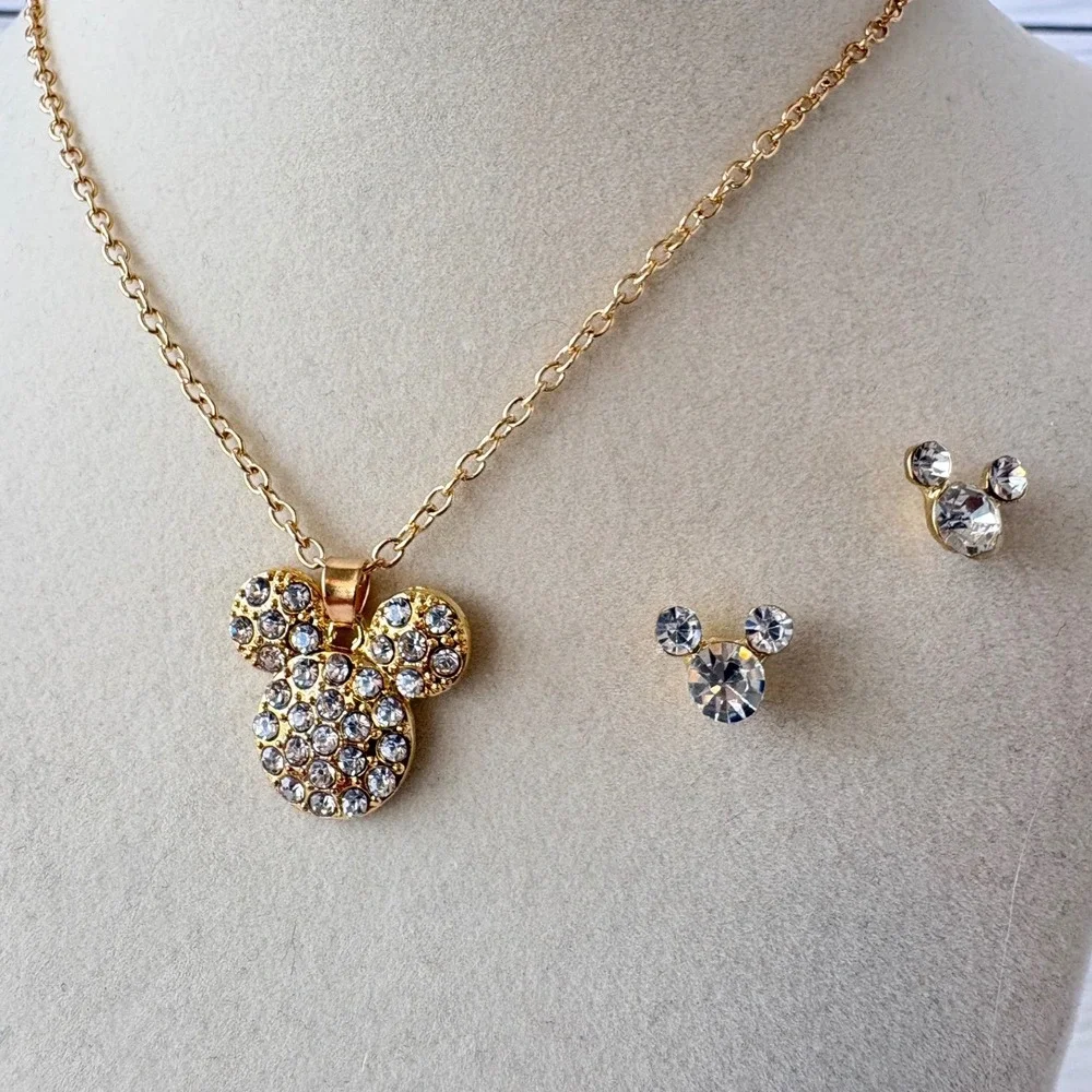 Mickey Mouse Rhinestone Necklace‎ and Earring Set Gold Tone Jewelry